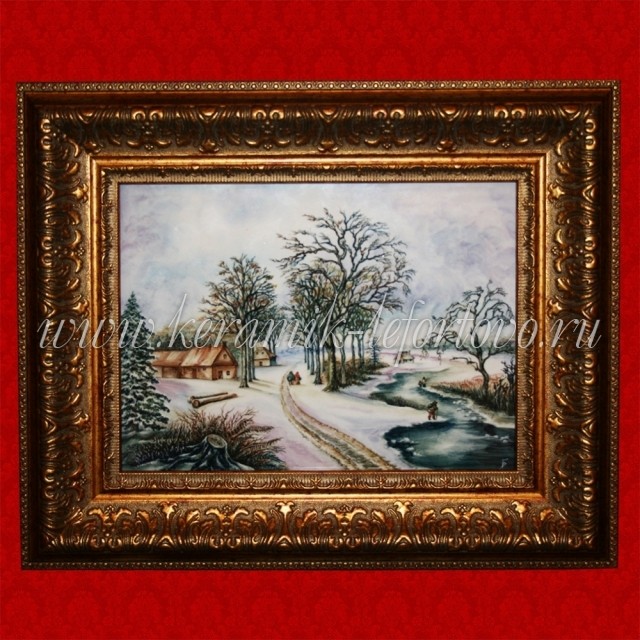 Картина на фарфоре "Зима в деревне"