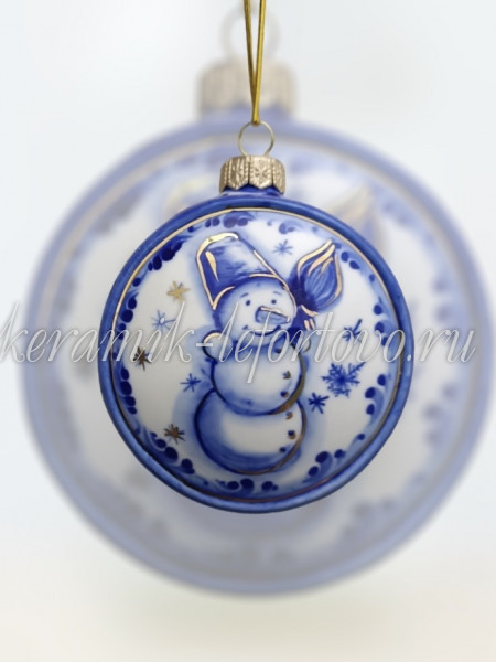 Елочная игрушка шарик "Снеговик" (кобальт с золотом), ШФ-053С