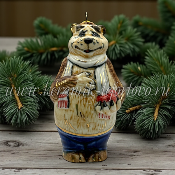 Елочная игрушка "Медведь с яблоками" (цветная с золотом), ШФ-053С