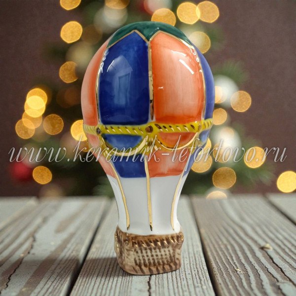 Елочная игрушка «Воздушный шар с корзиной» сине-оранжевый (цветная с золотом) ШФ-053С