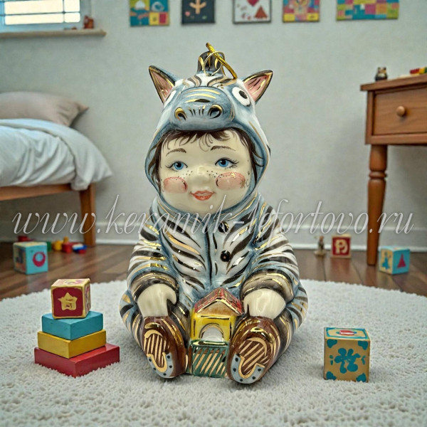 Елочная игрушка «Малыш в костюме зебры» VIP (цветная с золотом), ШФ-053С