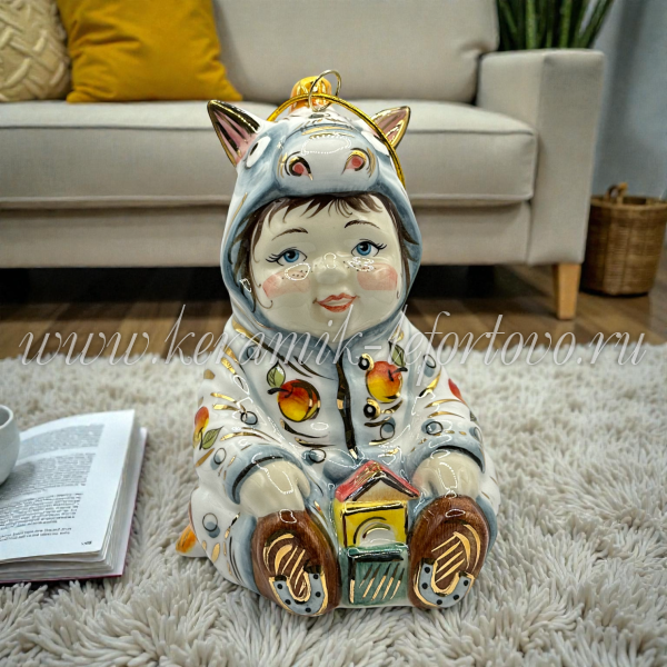 Елочная игрушка «Малыш в яблоках» VIP (цветная с золотом), ШФ-053С