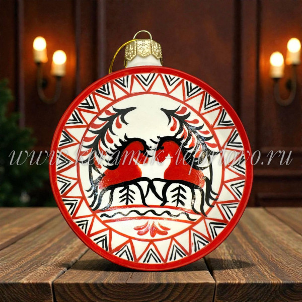 Елочная игрушка Шар плоский «Мезенские кони» (цветная с золотом), 0,05 л, ШФ-053С