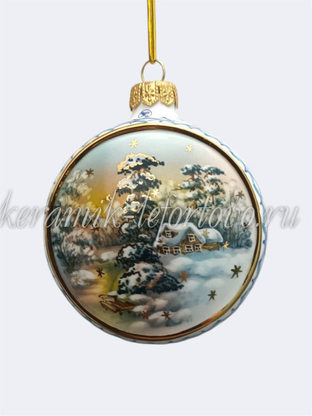 Елочная игрушка Шар плоский «Домик» зима VIP (цветная с золотом), 0,05 л, ШФ-053С