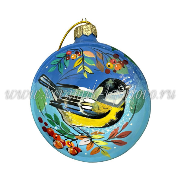 Елочная игрушка Шар плоский «Синичка с домиком» (цветная с золотом), 0,05 л, ШФ-053С