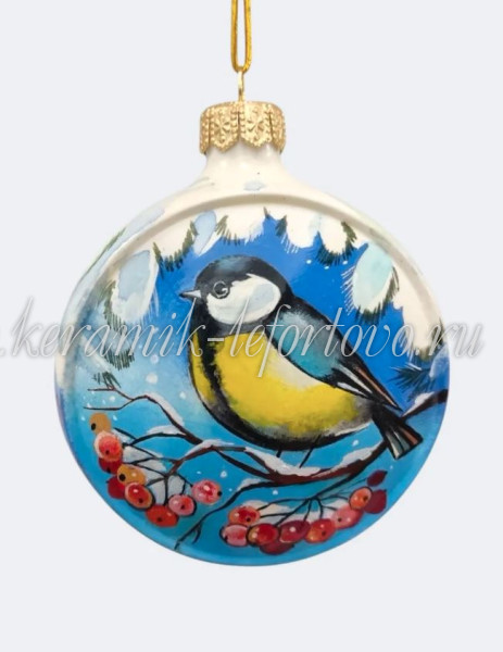 Елочная игрушка Шар плоский «Синичка со снеговиком» (цветная с золотом), 0,05 л, ШФ-053С
