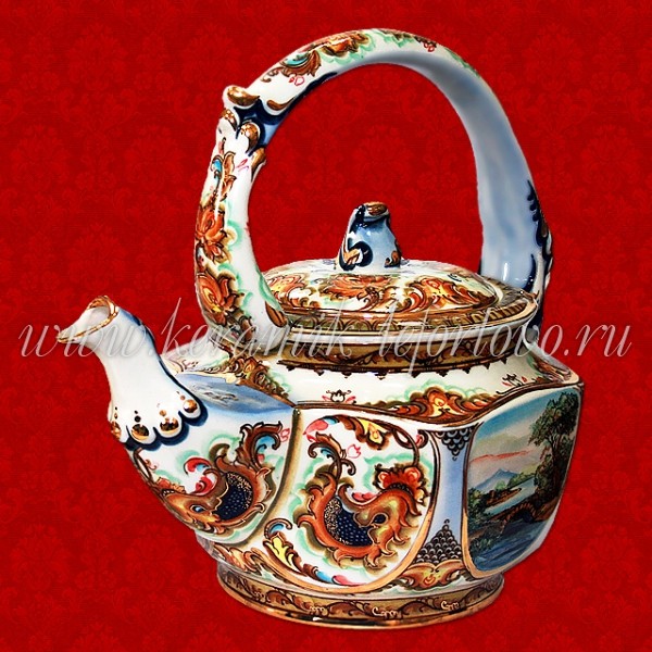 Чайник (цветной с золотом) 2,5 л С-108С гжель фабрика фарфора